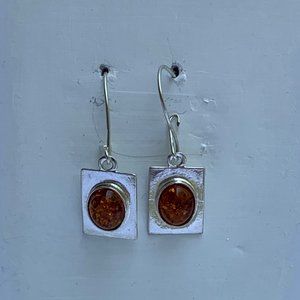Sterling Silver Baltic Amber Drop Dangle Earrings, Rich Orange Colors
